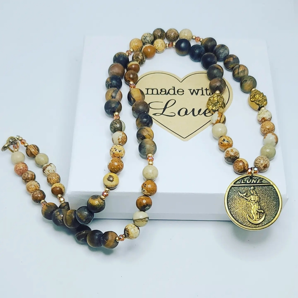 Tiger Eye, Picture Jasper,  Moon Amulet necklace